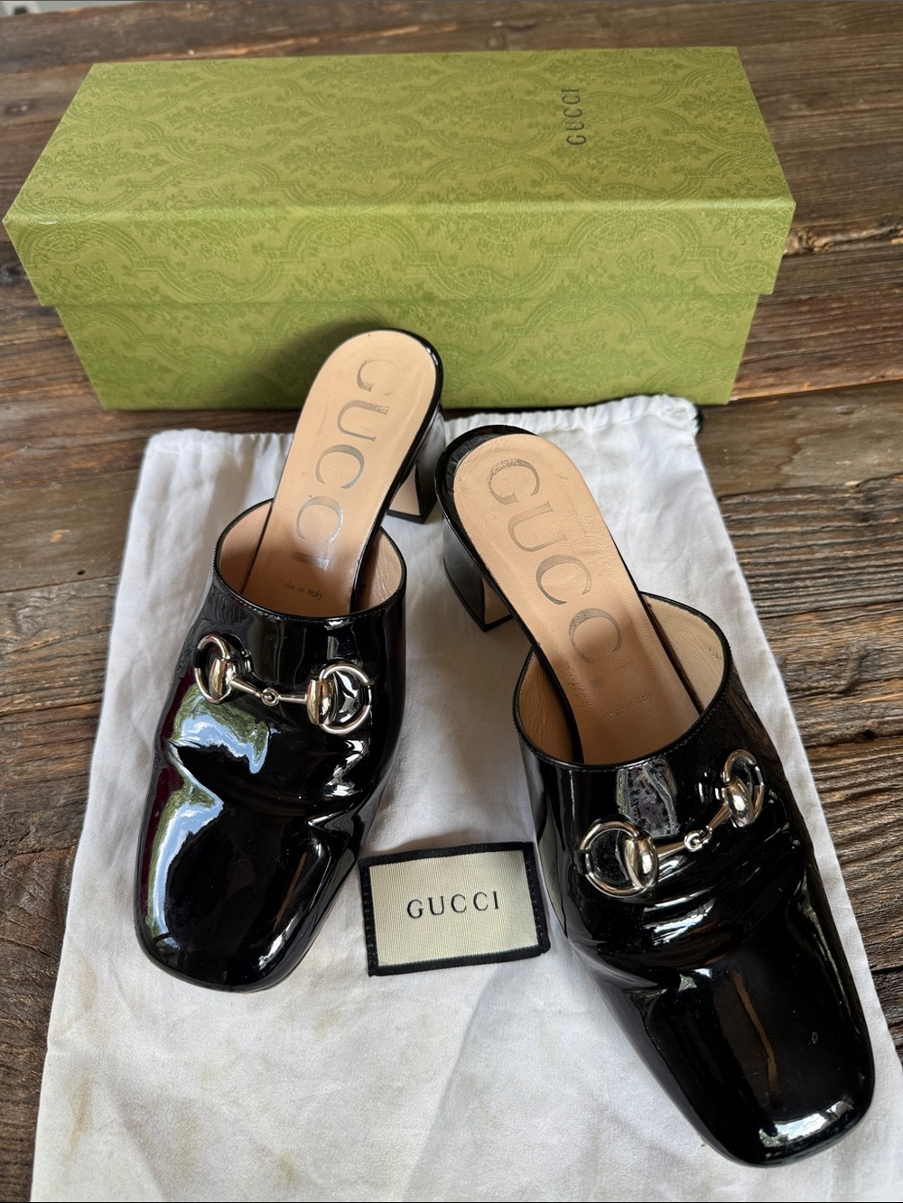 Gucci black patent leather heeled horse bit slides w/box & dusty size 40/9
